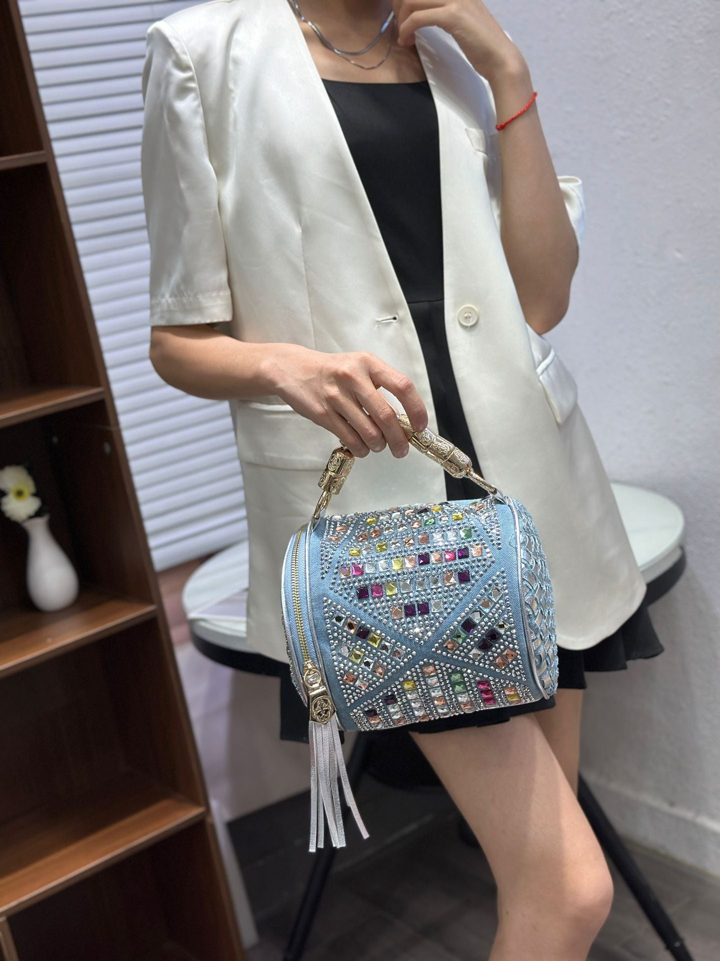 Women's Korean Style Mini Stylish Colored Diamond Rhinestone Exquisite High Sense Bags