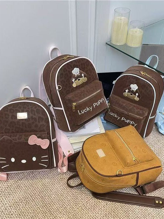 Women's Korean Cartoon Cute Hello Kitty Design Vintage Leopard Print Leisure Backpack