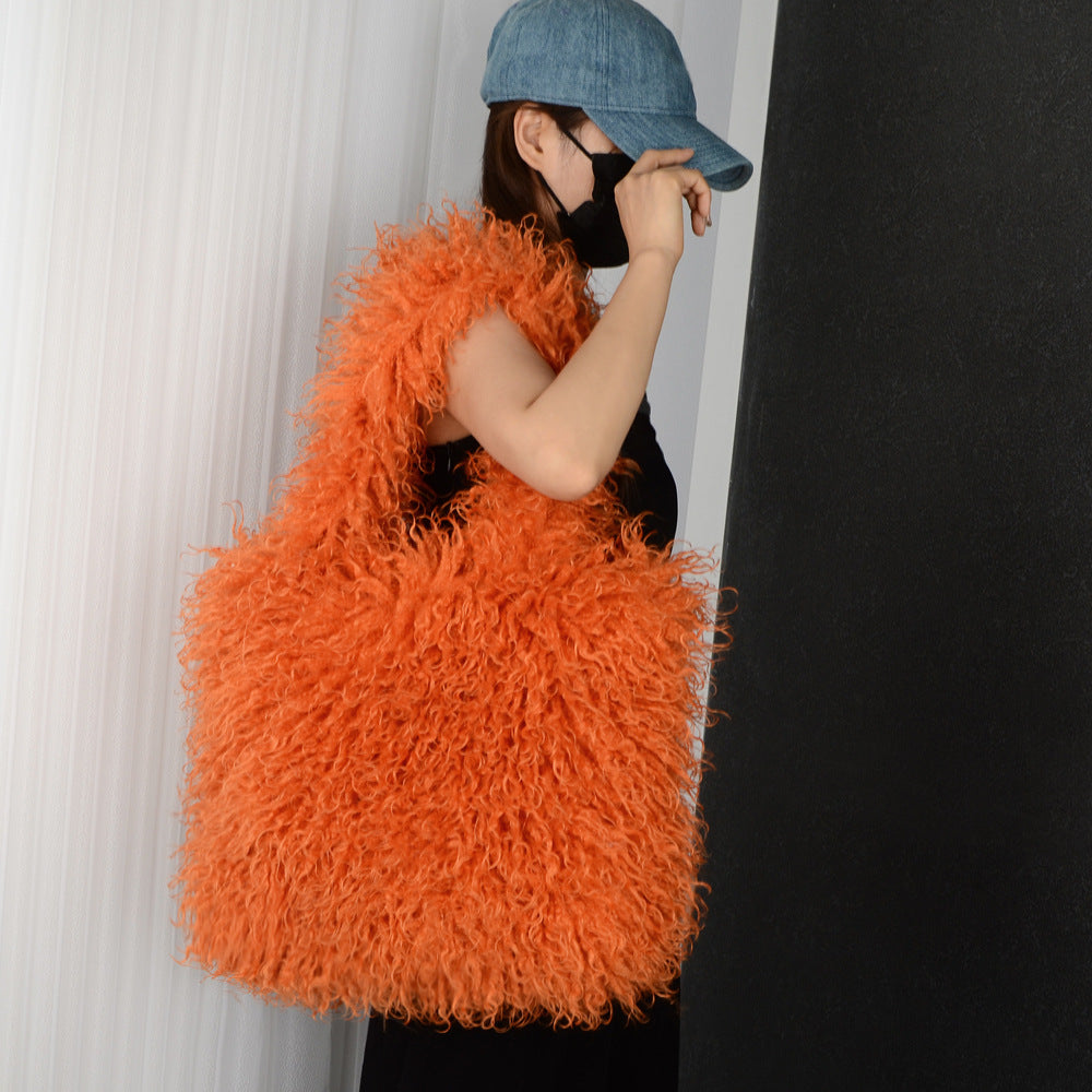 Women's Imitation Fur Tan Sheep Plush Portable Large Capacity Totes Bags