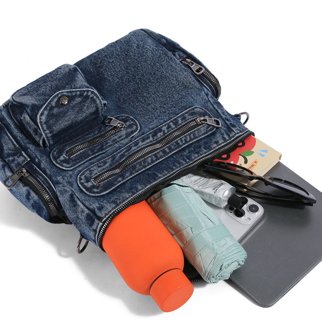 Retro Washed Denim Design Rivet Versatile College Leisure Backpack