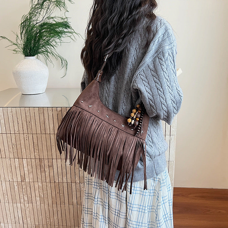 Women's Autumn Deerskin Veet Matte Tassel Retro Commuter Tote Bag