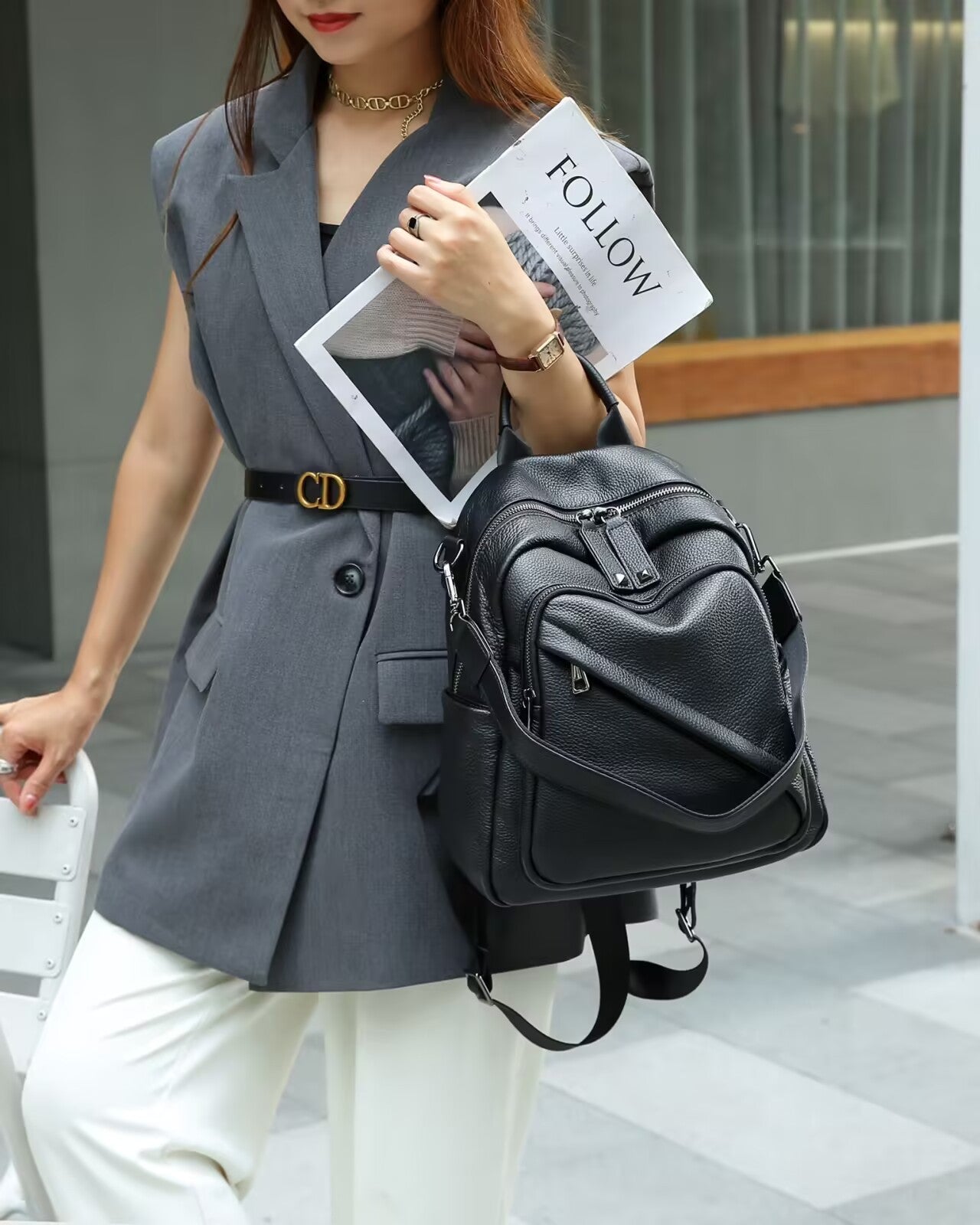 Women's Layer Leather Lychee Pattern Soft Love Embossed Design Large Women's Backpack