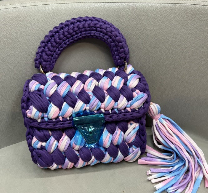 Contrast Color Handmade Finished Strip Thread Wool Bearded Bags