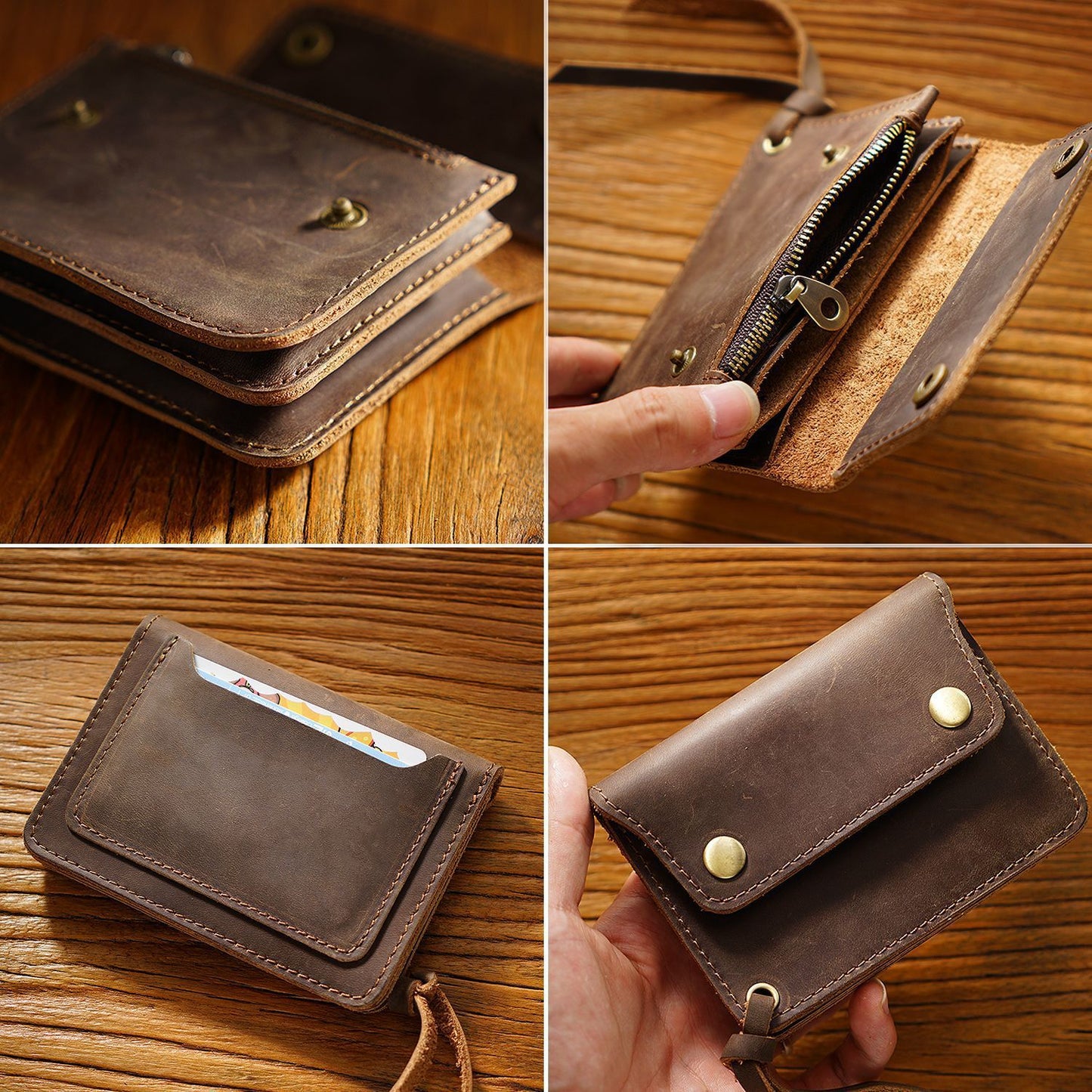 Simple Handmade Genuine Leather Short Vintage Crazy Horse Zipper Card Pack Card Sleeve