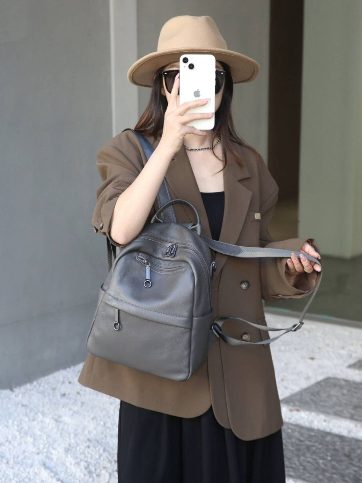 Women's First Layer Cowhide Lychee Pattern Brown Backpacks