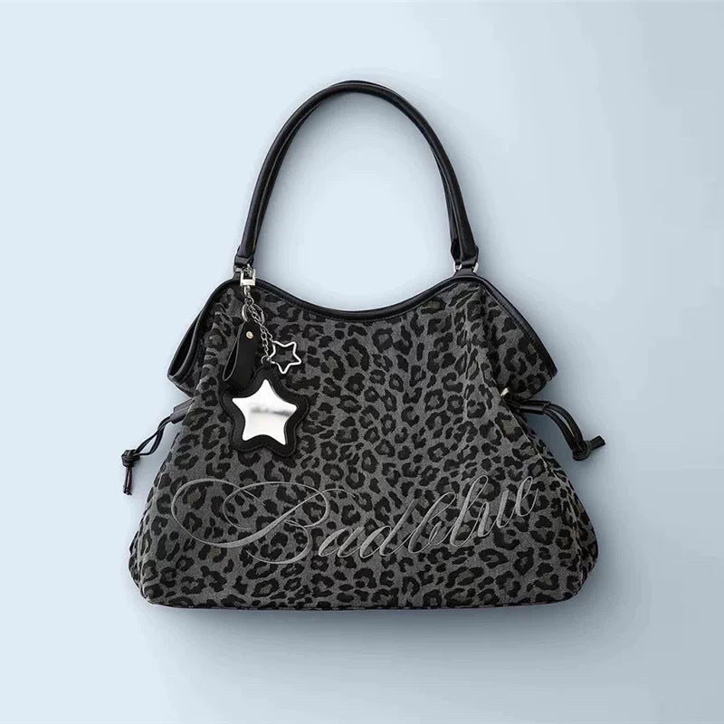 Korean Five-pointed Star Mirror Embroidered Leopard Print Polka Dot Large Tote Bag