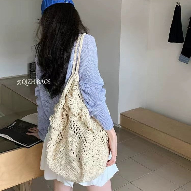 Letter Solid Color Lace Cutout Woven Women's Shoulder Bag