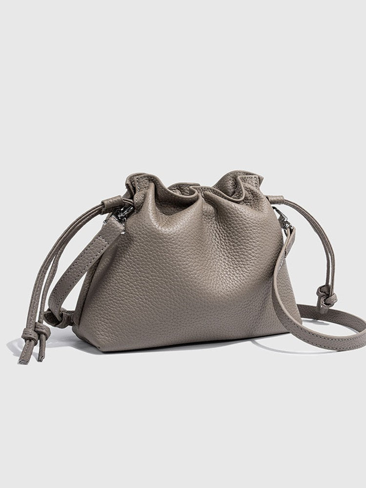 Leather Drawstring First Layer Cowhide Pleated Women's Messenger Bag