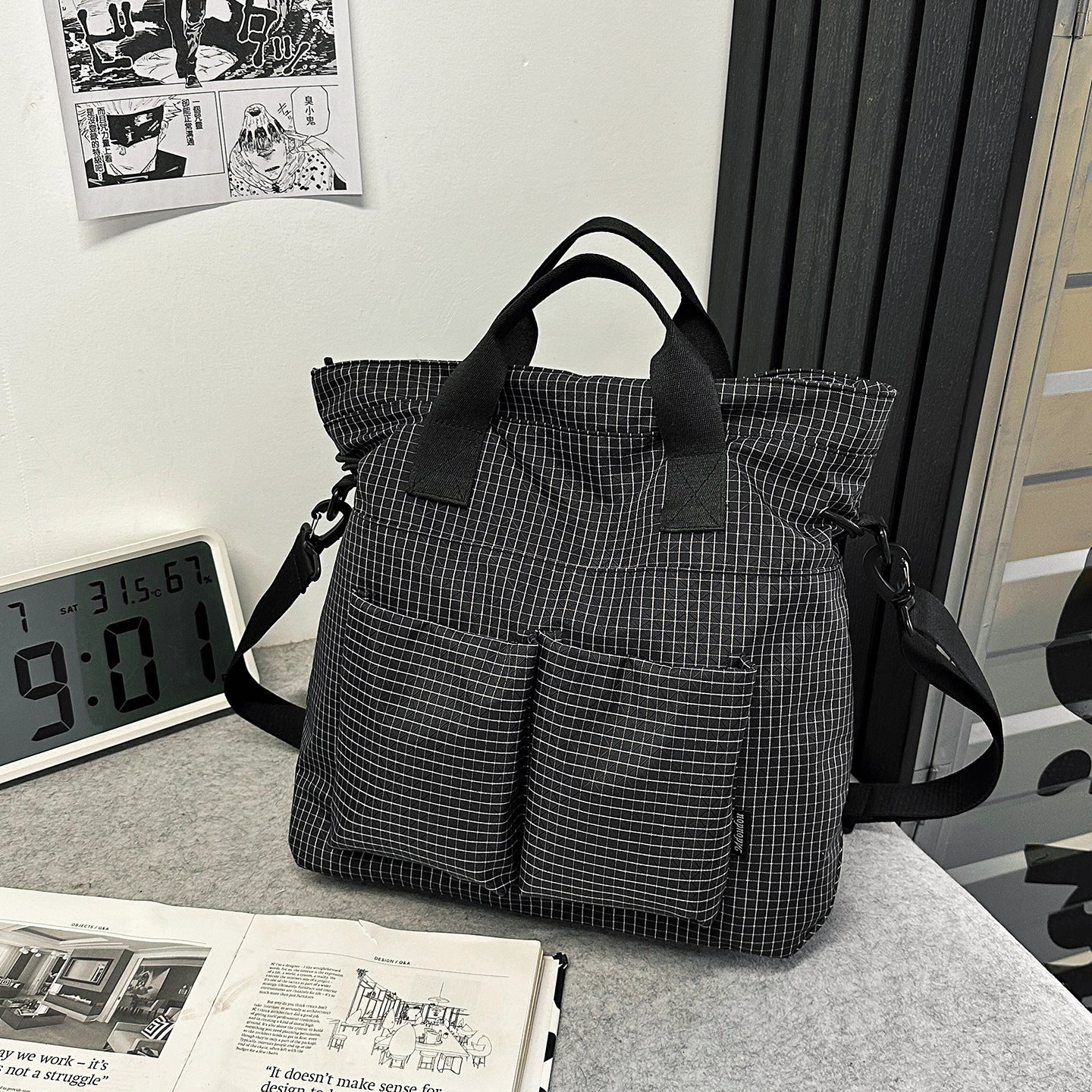 Green Plaid Canvas Large Capacity Portable Tote Bag