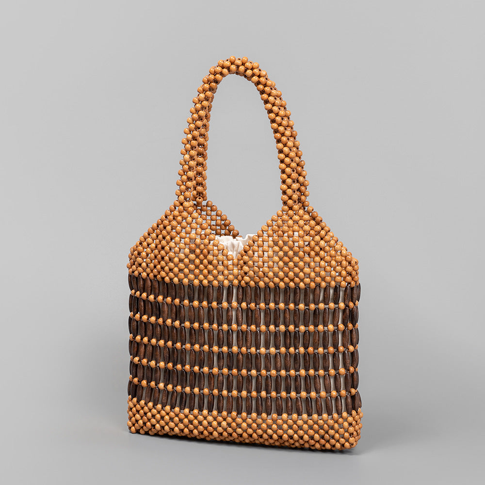 Women's Vacation With Wooden Beads Decoration Hand-woven Women's Handbag