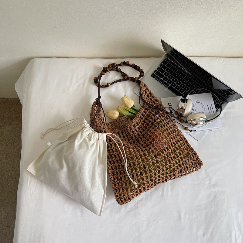 Summer Idle Style Hollow Straw Large Capacity Beaded Weave Bags