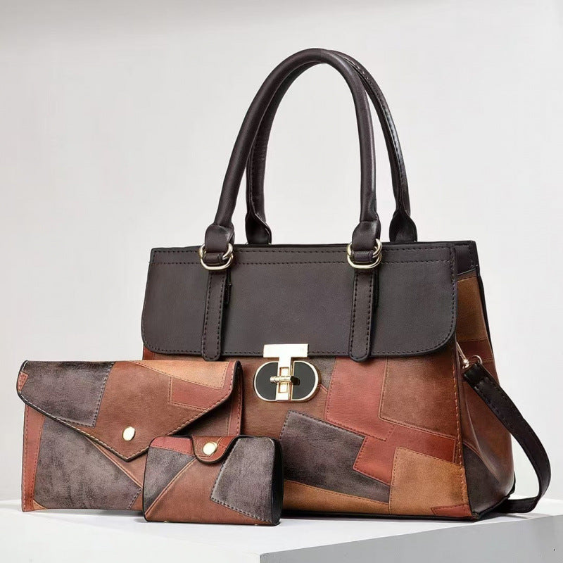 Women's Fashion Color Contrast Large Capacity Combination Retro Easy Matching Women's Handbag