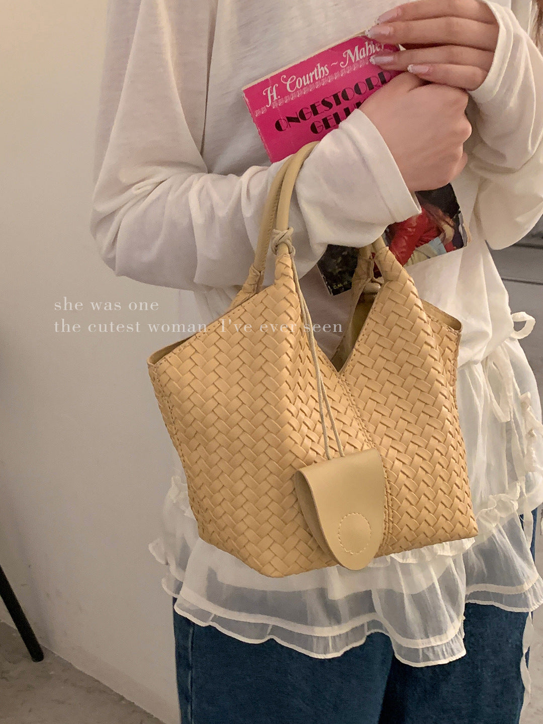 Women's Texture Large Capacity Simple Woven Vegetable Tote Bag