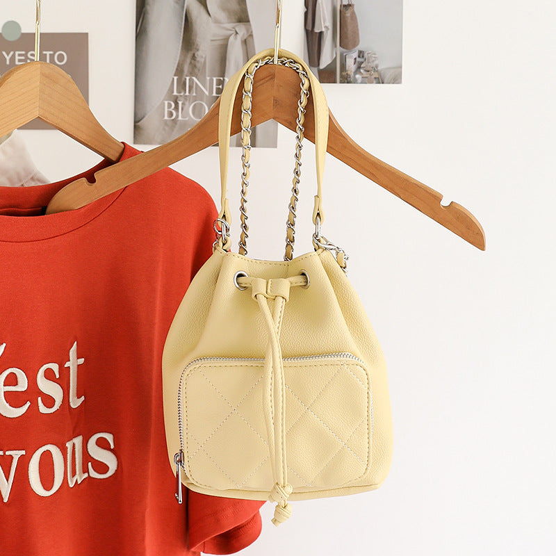 Korean Style Chain Design Drawstring Diamond Bucket Bag