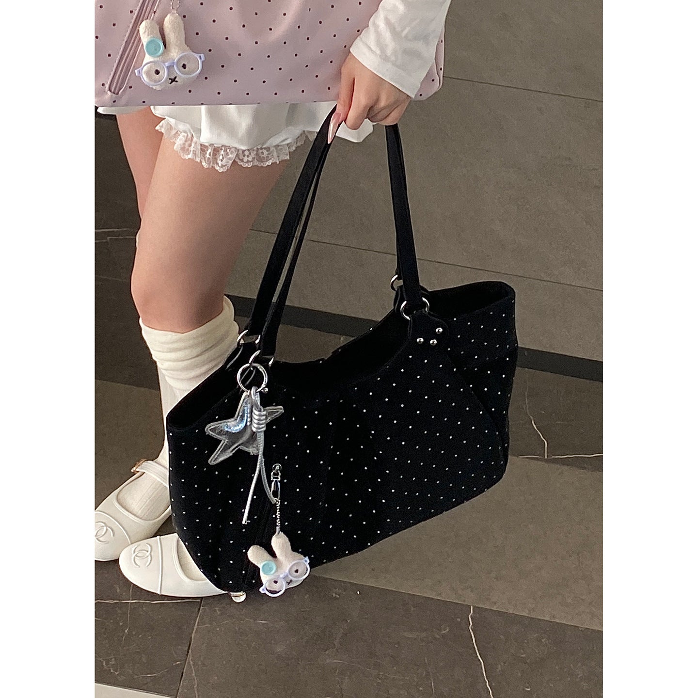 Women's Korean Underarm Polka Dot Printed Commuter Tote Bag
