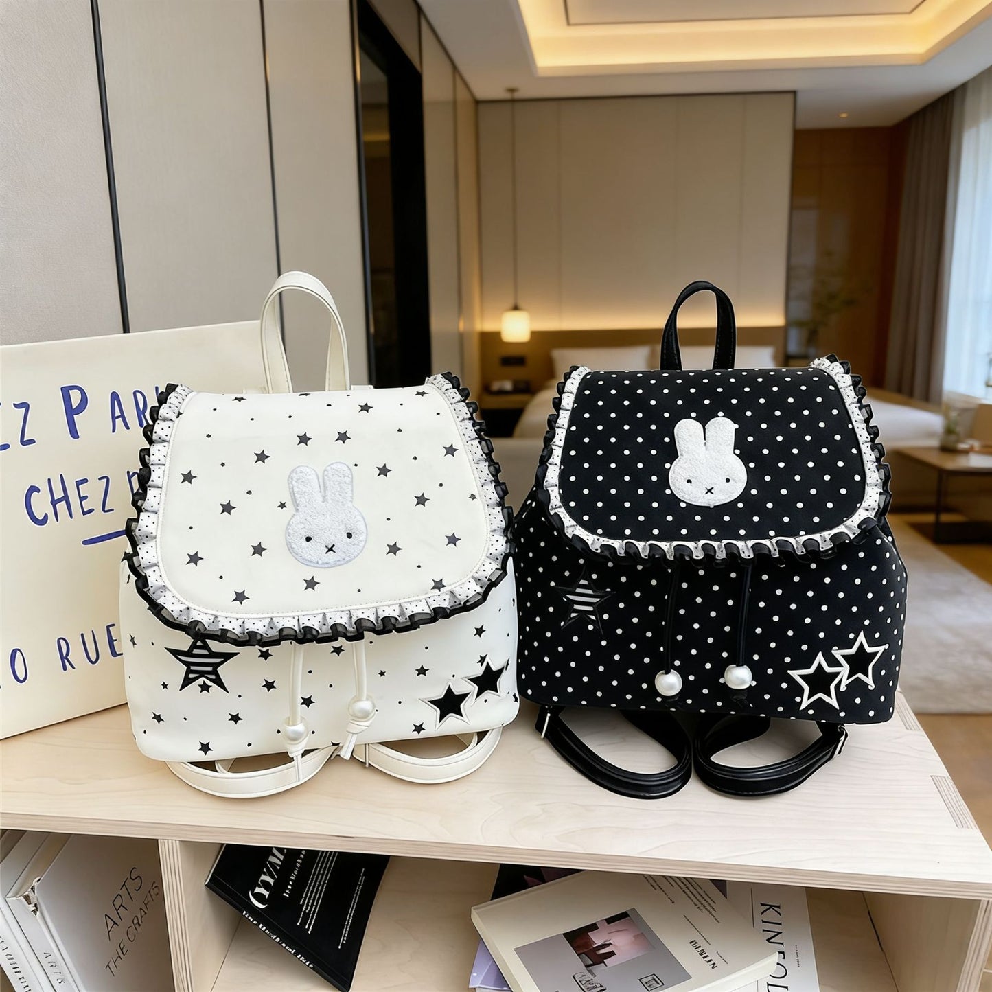Capacity Drawstring Fashionable Korean Polka Dot Backpacks