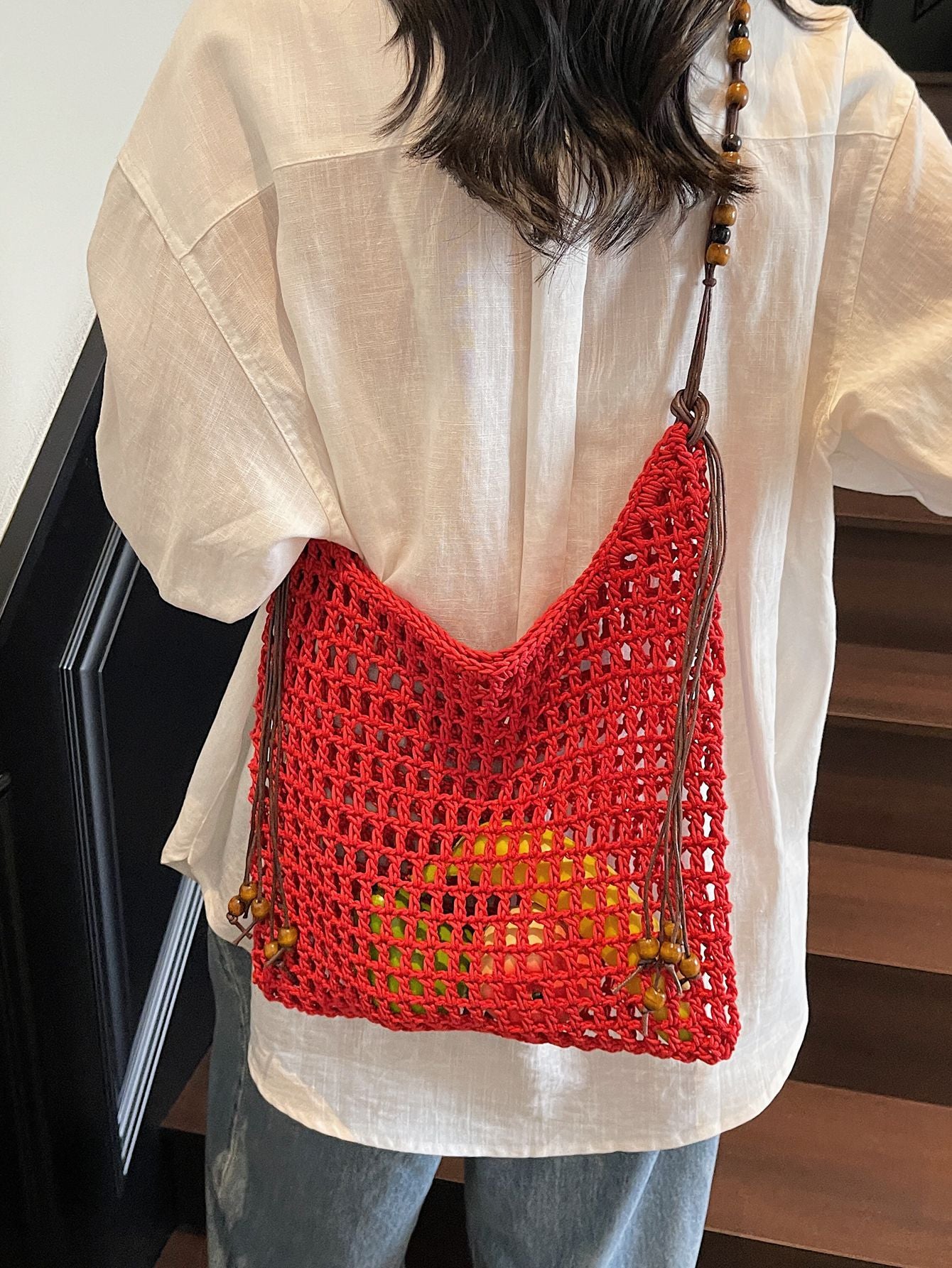 Summer Idle Style Hollow Straw Large Capacity Beaded Weave Bags