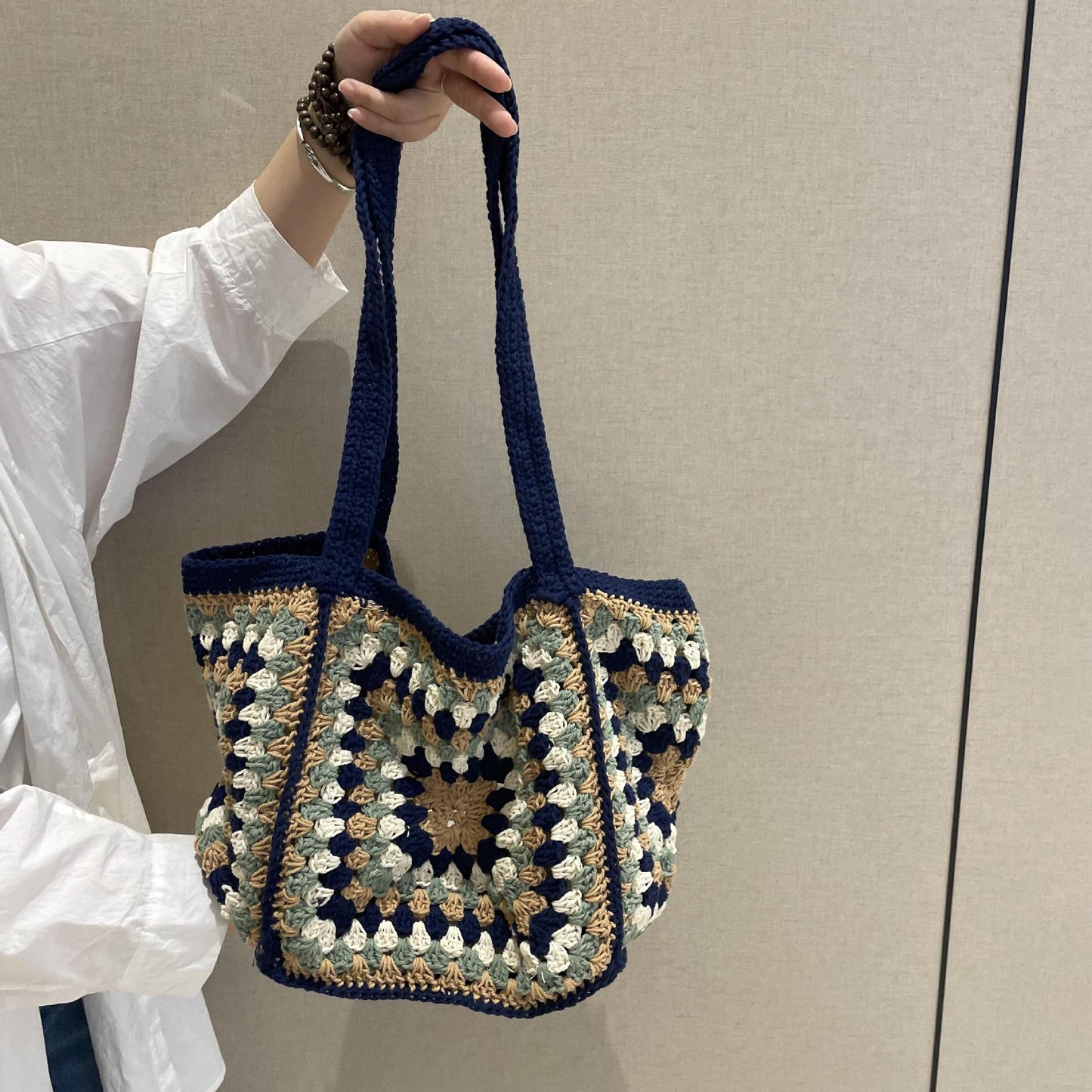 Women's Bohemian Navy Blue Woven Cotton Large Capacity Bags