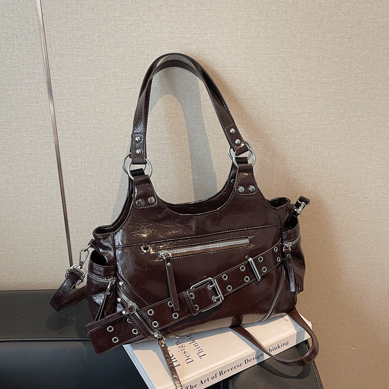 Retro Rivet Motorcycle Large Capacity Textured Women's Shoulder Bag