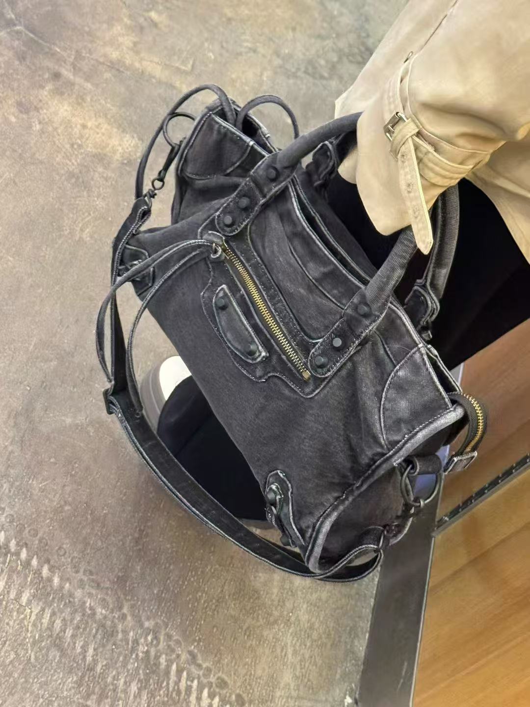 Rivet Motorcycle Washed Denim Neutral Punk Tote Bag