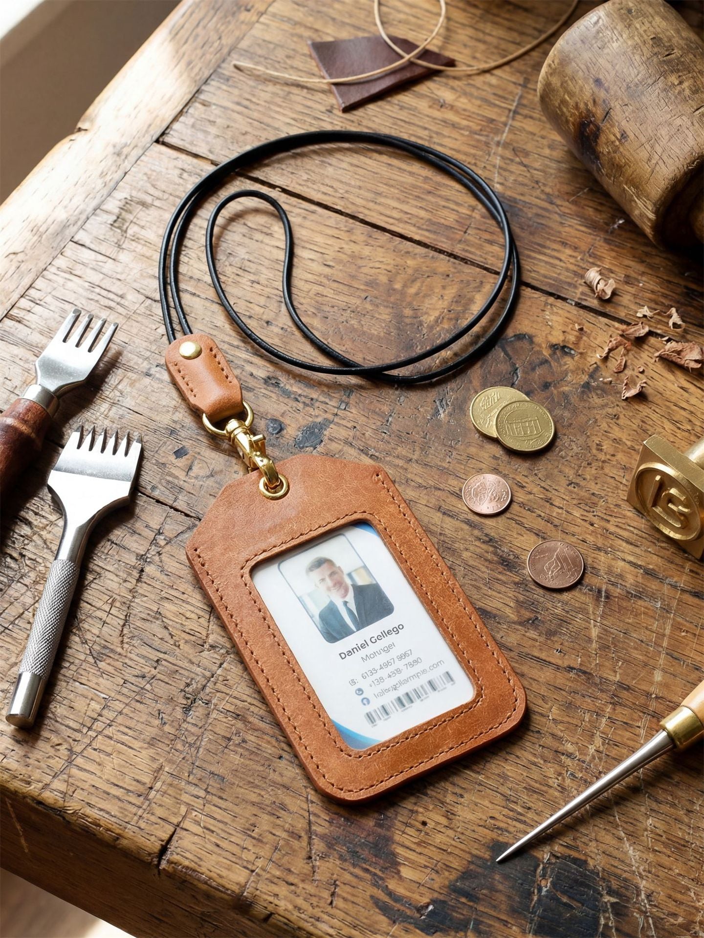 Cowhide Work Certificate With Lanyard Badge Entry Exit Permit Bus Card Pack Card Sleeve