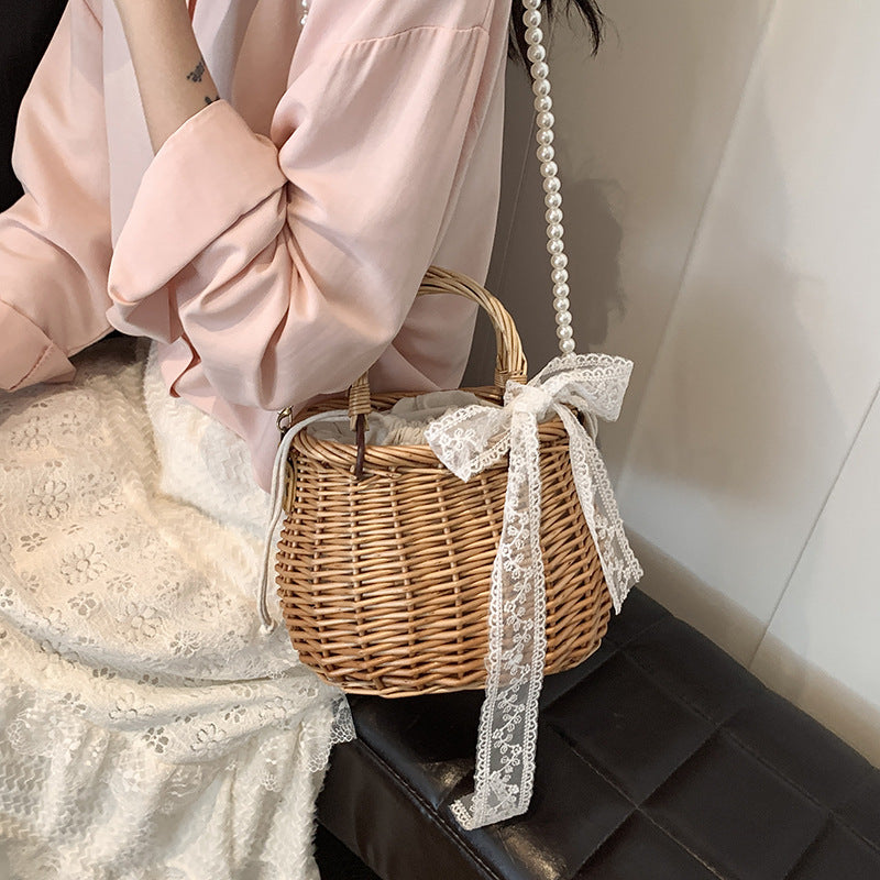 Hand-woven Rattan Weave Portable Vegetable Basket Vacation Beach Women's Shoulder Bag