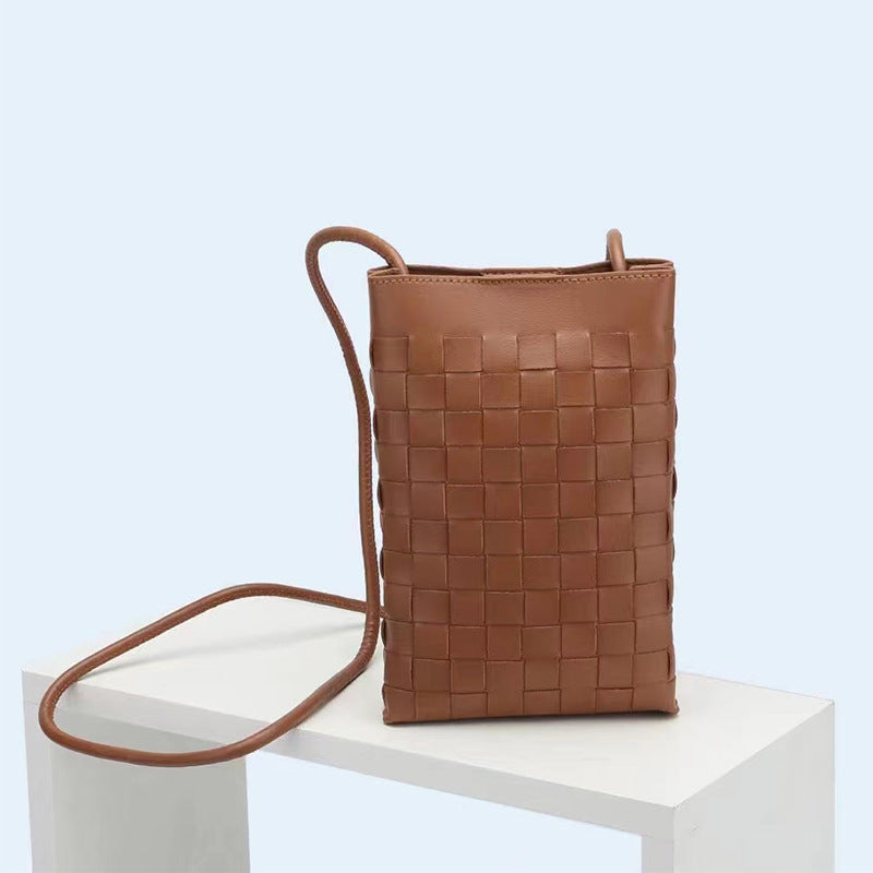 Women's Authentic Leather Weave Cell Korean Simple Mobile Phone Bag