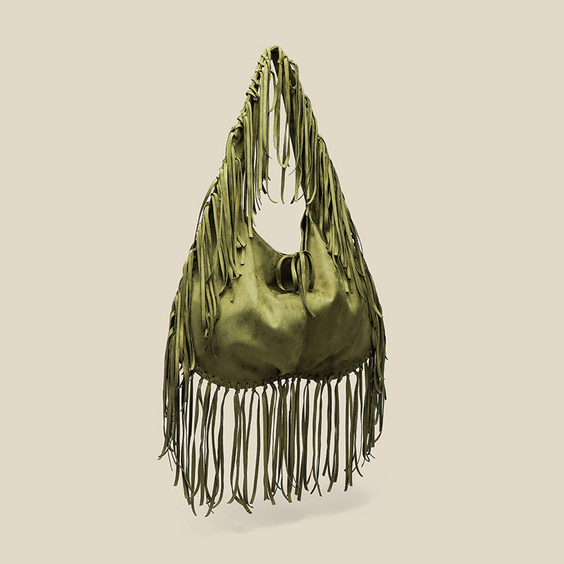 Women's Tassel Large Capacity Crescent Trendy Simple Deerskin Veet Retro Women's Shoulder Bag