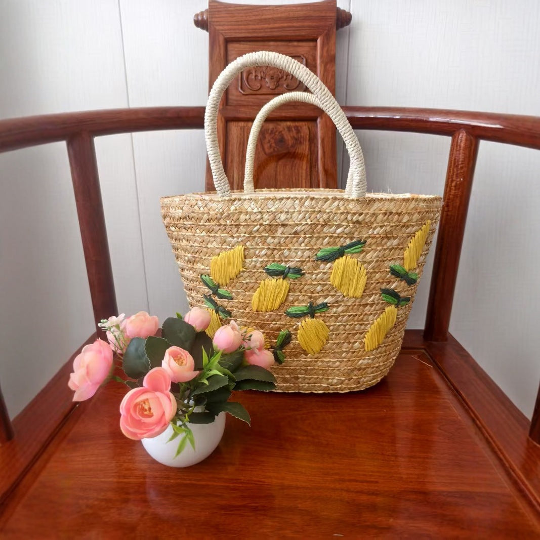 Women's Lemon Pattern Woven Large Capacity Seaside Handbags