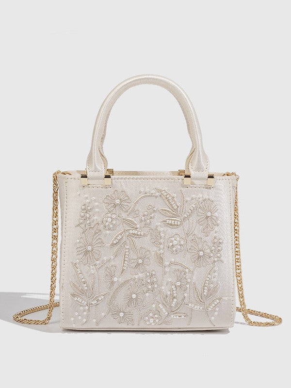 Women's Decorated Pearls Chain Silk Satin Texture Hard Women's Handbag
