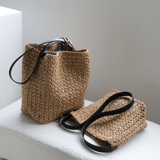 Women's Style Fashion Raffia With Cowhide Woven Large Tote Bag