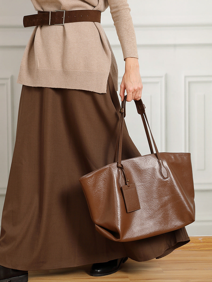 Women's Tanned Leather Niche Large Capacity Totes Shoulder Bags