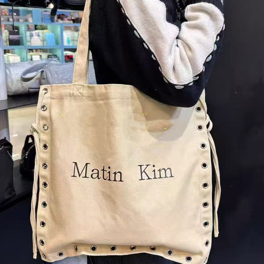 Niche Trendy Punk Drawstring Rivet Hole Personality Canvas Shoulder Bags