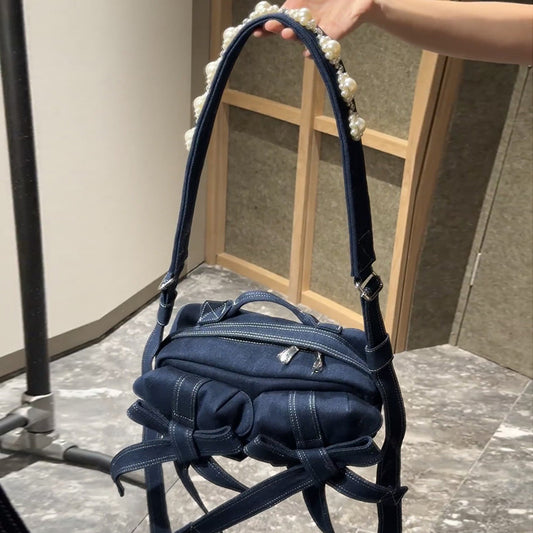 Retro Minority Denim Fashion Pearl Commuting Women's Shoulder Bag
