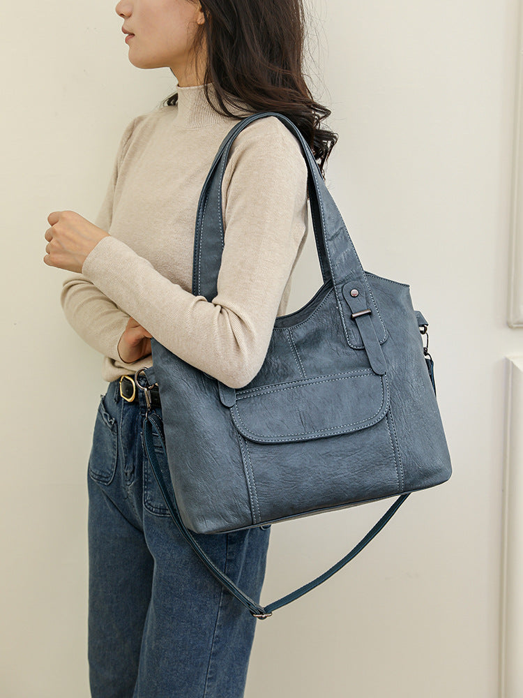 Women's Leather Textured Large Capacity Commuter Simple Retro Bags