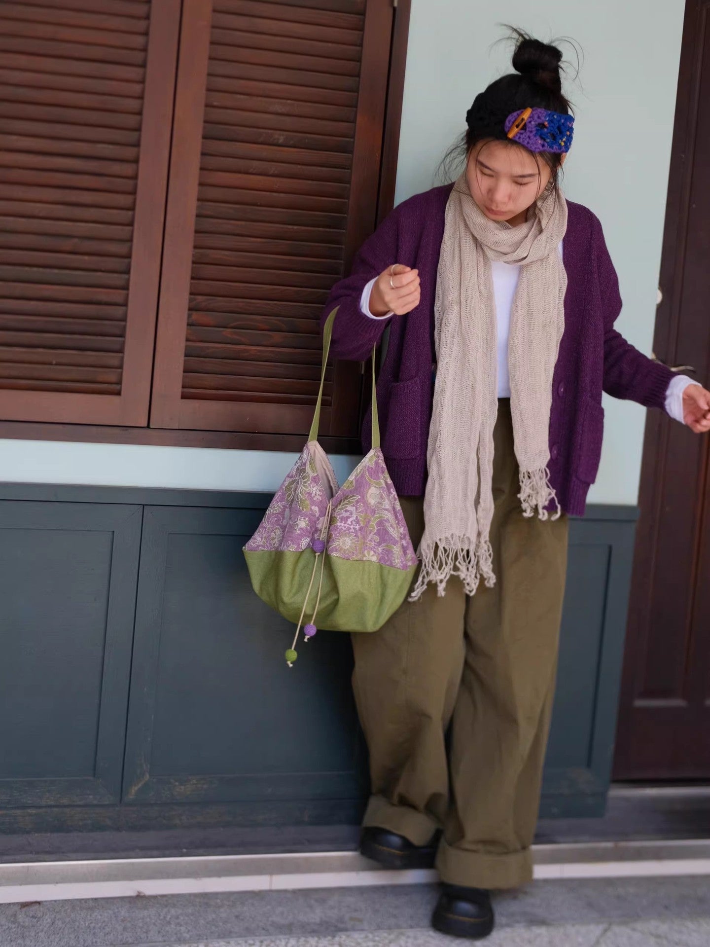 Green Light Purple Contrast Color Flower Pastoral Style Retro Jacquard Women's Shoulder Bag