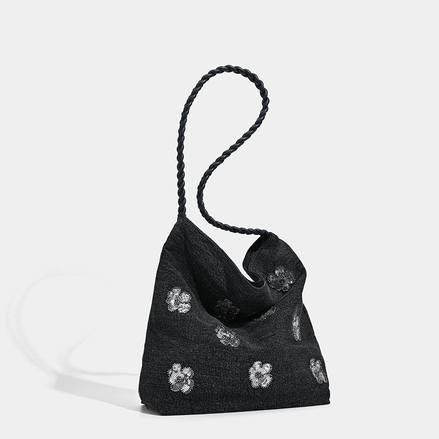 Women's Jean Simple Black Sequined Decorative Pleach Bags