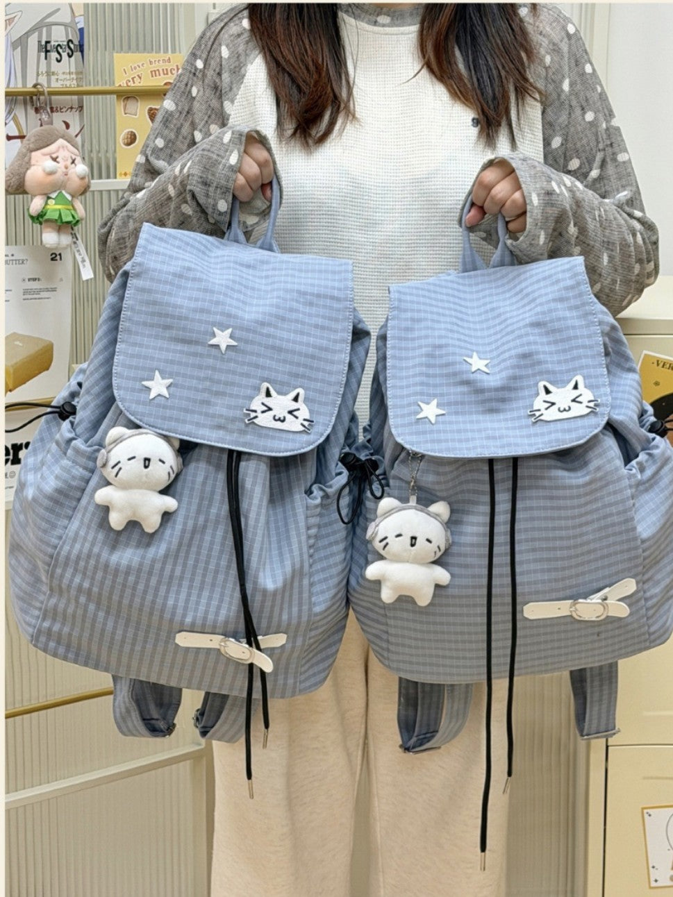 Women's Cute Cartoon Checked Junior High Lightweight Backpacks