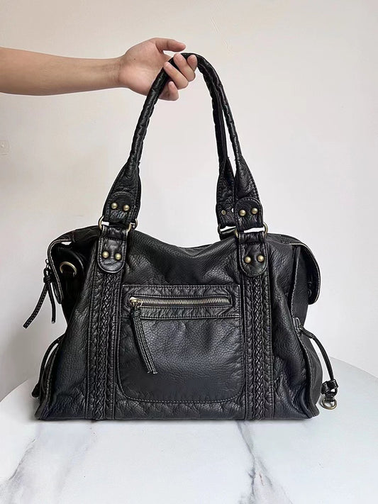 Women's French Retro Motorcycle Large Capacity Washed Tote Bags