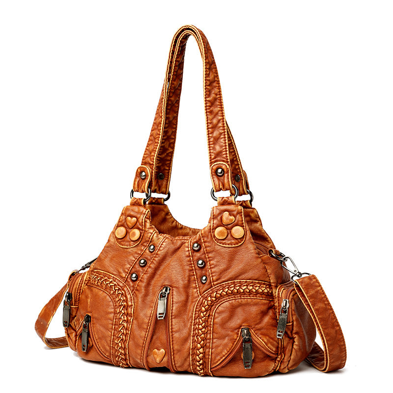 Women's Washed Fabric Soft Leather Textured Retro Fashion Saving Solid Shoulder Bags