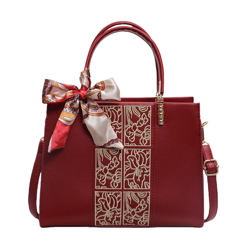 Chinese Style Embroidery Red Large Capacity Bridal Wedding Tote Bag