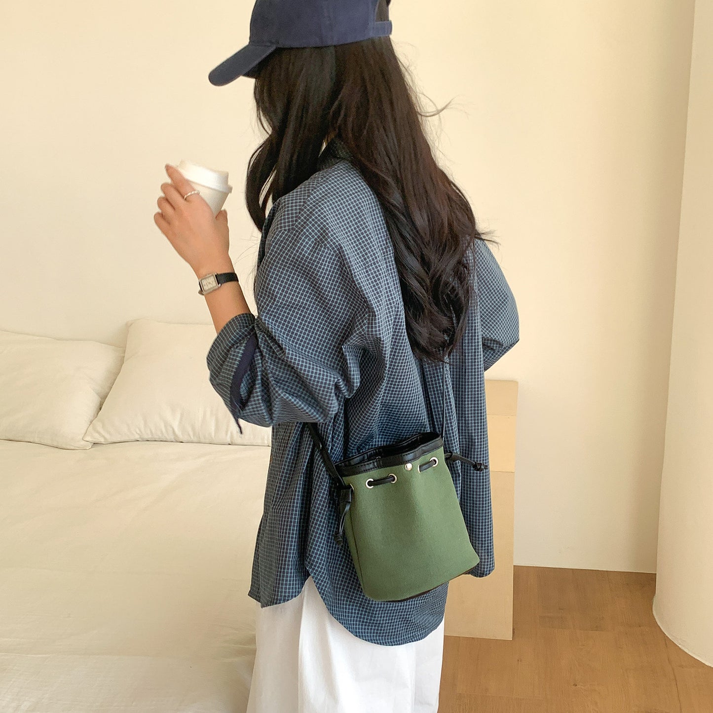 Women's Drawstring Ruffle Canvas Stitching High-grade Niche Bucket Bags