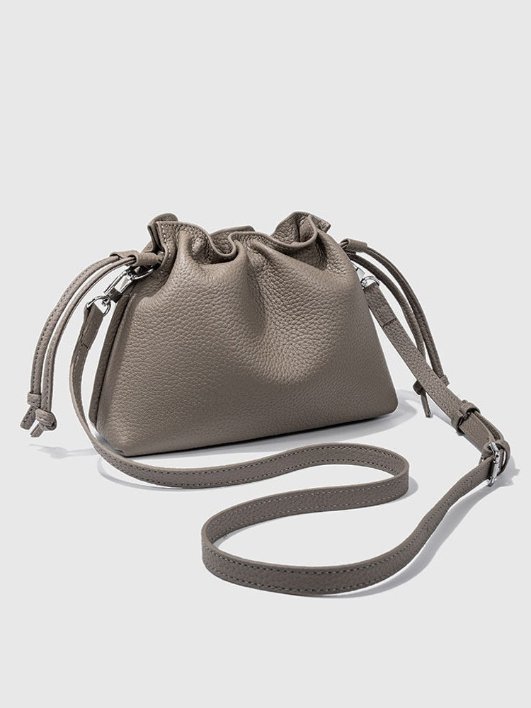 Leather Drawstring First Layer Cowhide Pleated Women's Messenger Bag