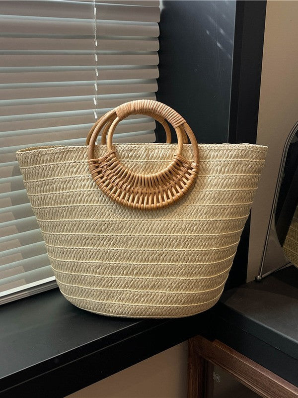 Women's Hand-woven Seaside Style Straw Large Capacity Round Portable Beach Tote Bag