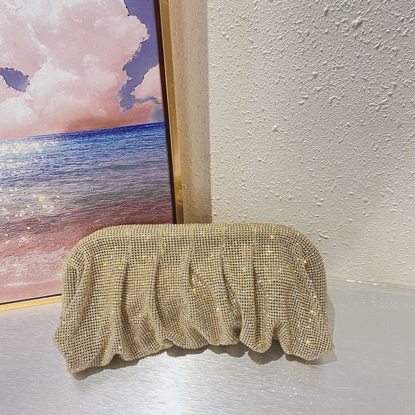 Studded Hand Crystal Pleated Chain Rhinestone Cloud Dumplings Clip Women's Shoulder Bag