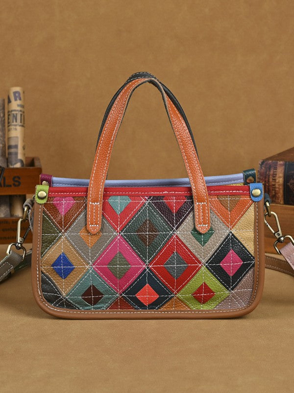 Women's Genuine Leather Design Stitching Contrast Color Ladies Bags