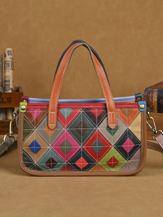 Women's Genuine Leather Design Stitching Contrast Color Ladies Bags