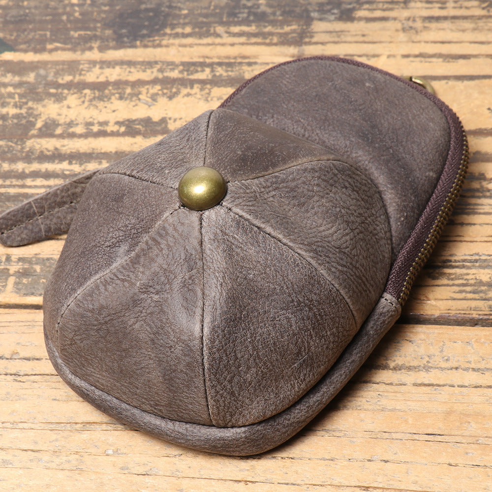 Men's Genuine Leather Cap Cowhide Zipper Crazy Horse Large Bags
