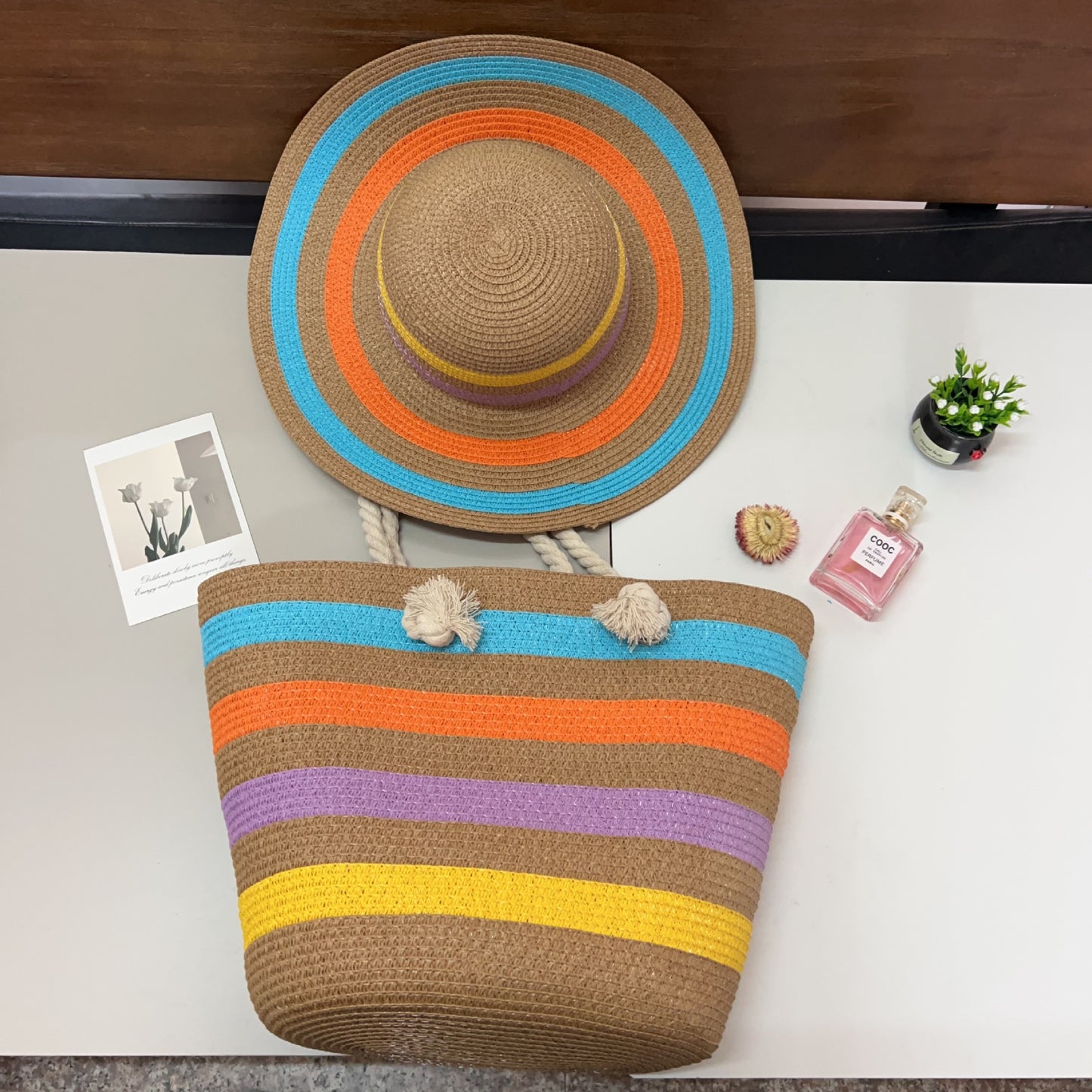 Summer Lady Colored Mosaic Beach Straw Tote Bag