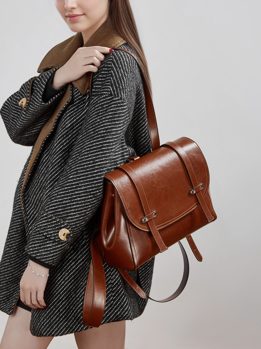 Women's Leather Design Oil Wax Cowhide Large Capacity Portable Diagonal Women's Backpack